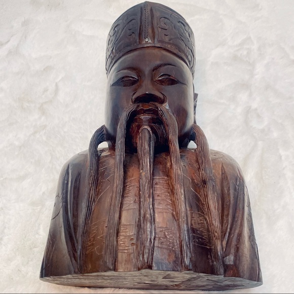 This is a Vintage Chinese Handcarved Hardwood Head Bust Statue Sculpture 13”x7” - Picture 4 of 16